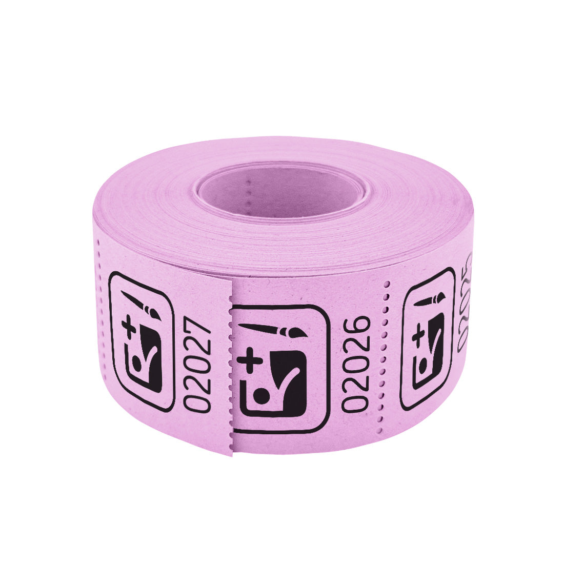 Roll of custom printed tickets, 30x30mm size, lilac paper with black ink, flat view.