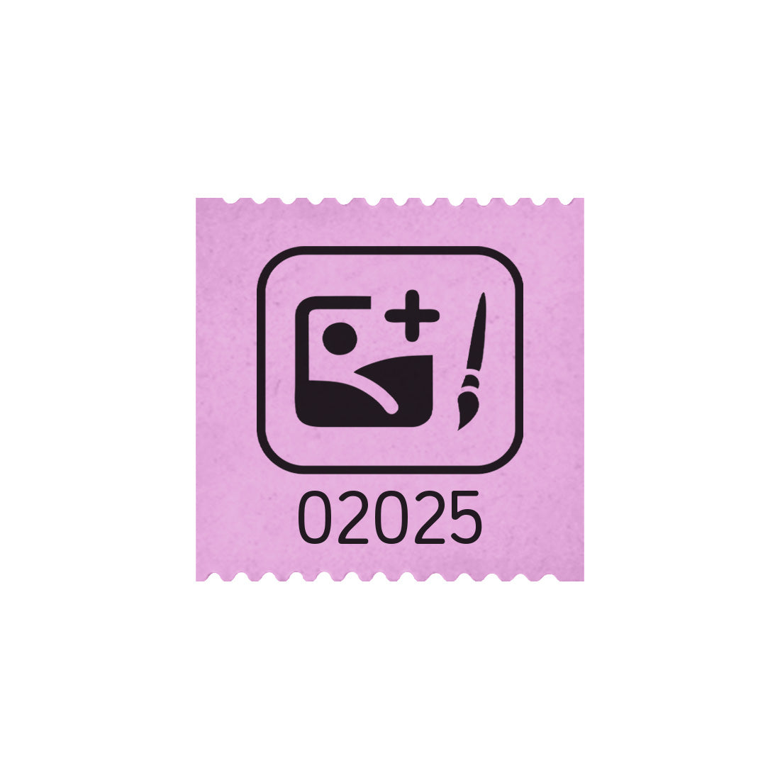 Custom printed roll tickets on lilac paper with black ink, showing one 30x30mm ticket with a custom design and number.
