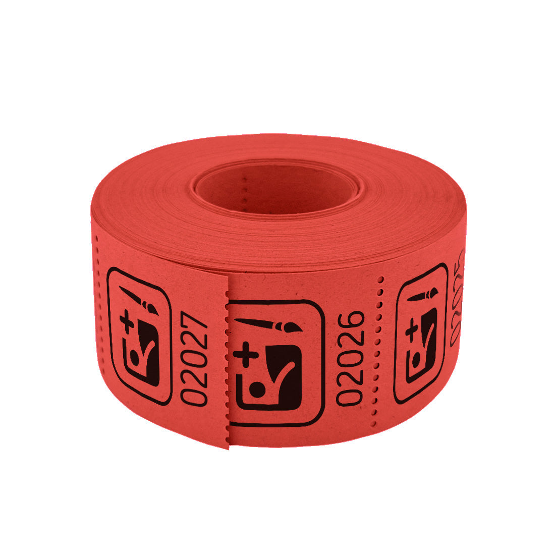 Roll of custom printed tickets, 30x30mm size, red paper with black ink, flat view.