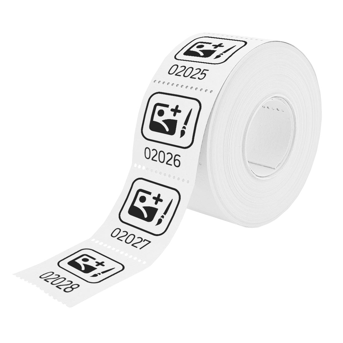 Roll of custom printed tickets, 30x30mm size, white paper with black ink, side view.