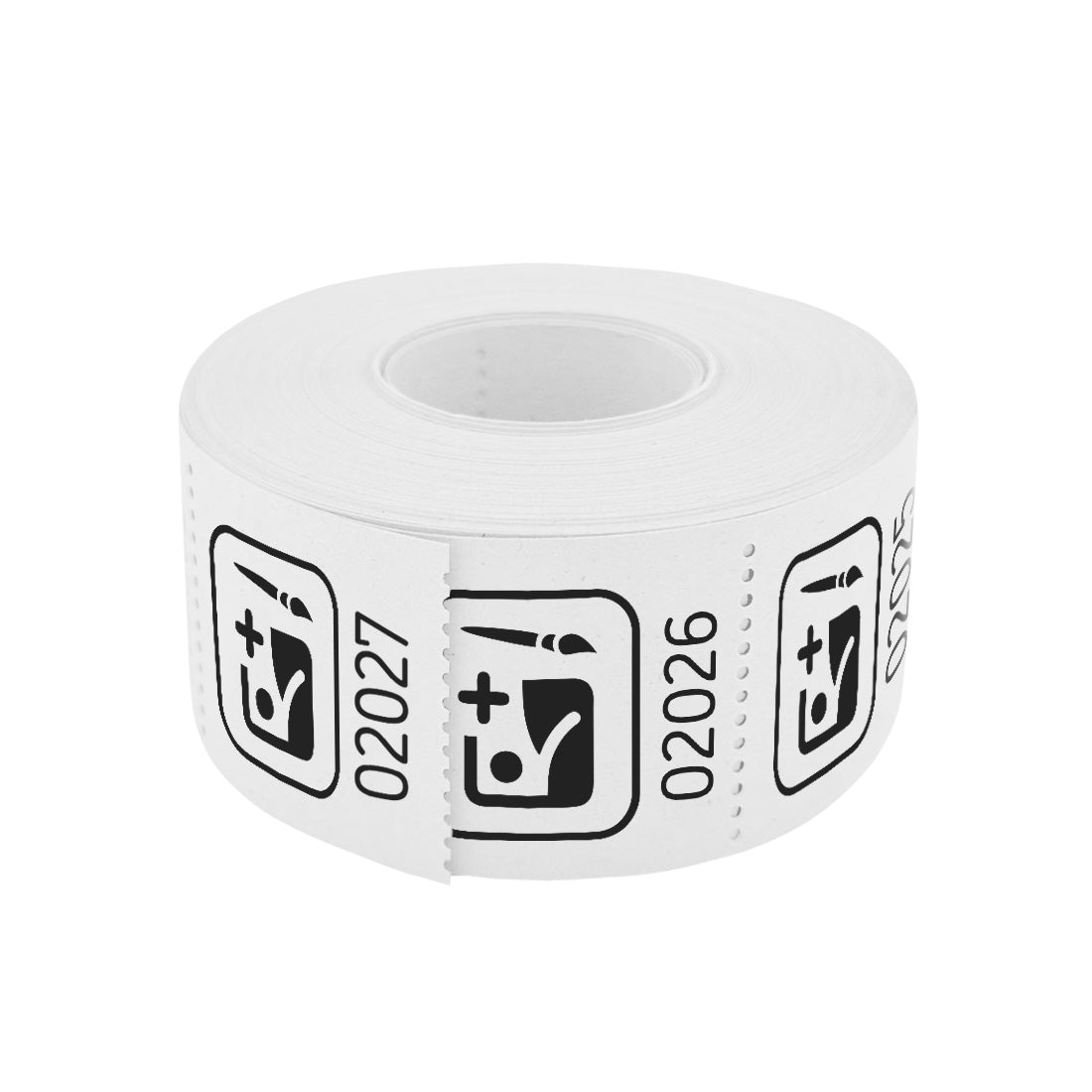 Roll of custom printed tickets, 30x30mm size, white paper with black ink, flat view.