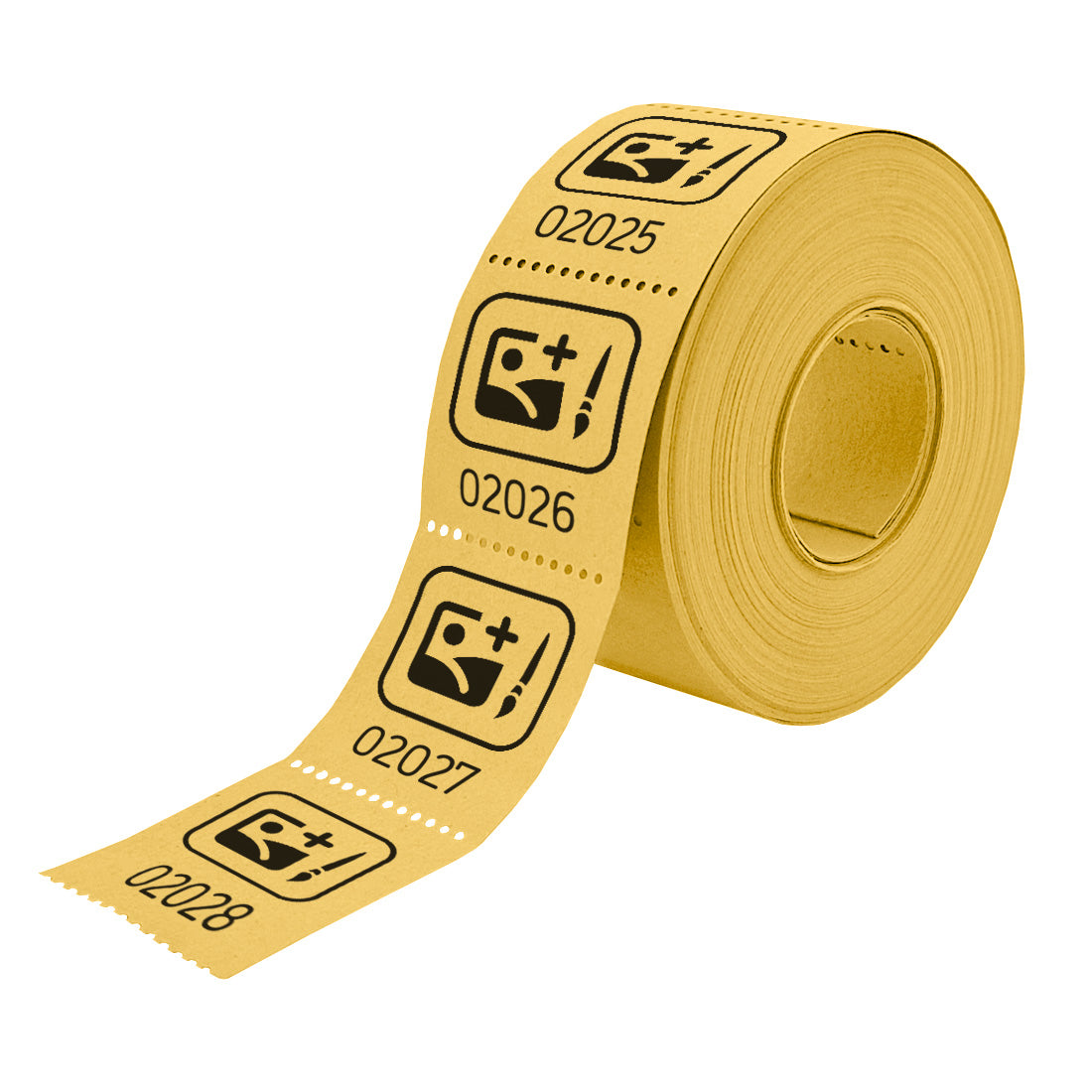 Roll of custom printed tickets, 30x30mm size, yellow paper with black ink, side view.