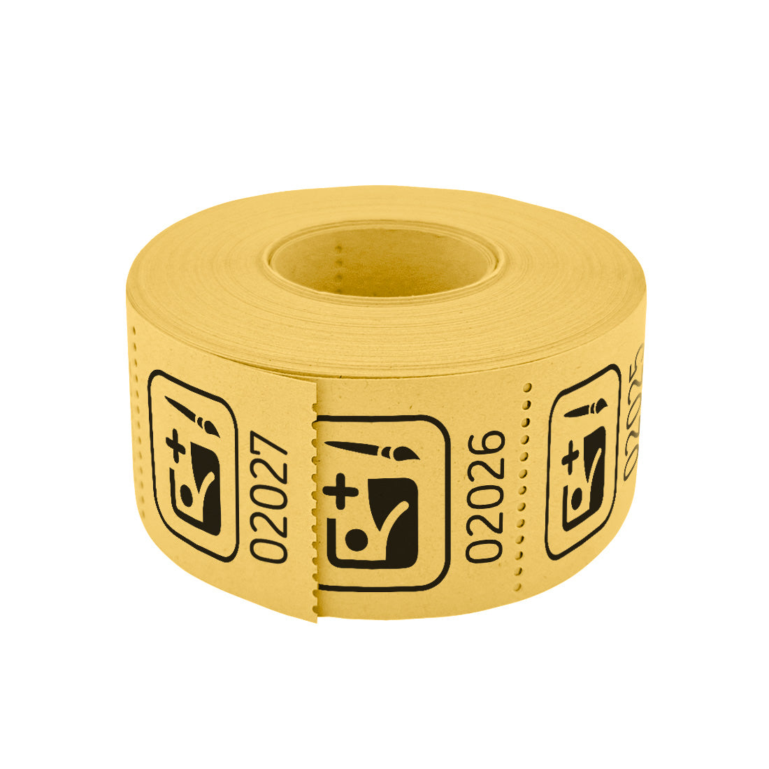 Roll of custom printed tickets, 30x30mm size, yellow paper with black ink, flat view.