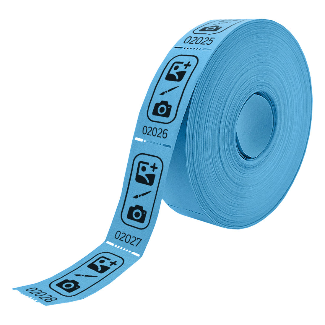 Roll of custom printed tickets, 57x30mm size, blue paper with black ink, side view.