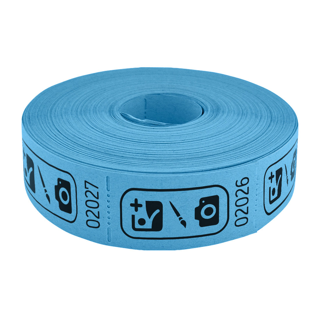 Roll of custom printed tickets, 57x30mm size, blue paper with black ink, flat view.