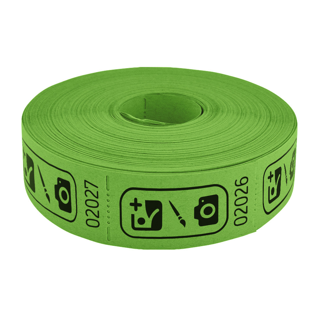 Roll of custom printed tickets, 57x30mm size, green paper with black ink, flat view.