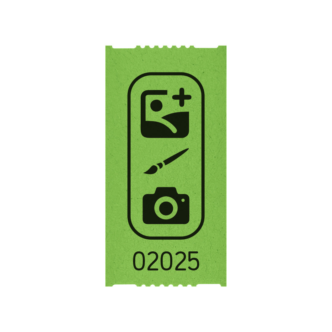 Tickets Rolls custom printed on green paper with black ink, showing one individual 57x30mm ticket with a custom design and serial number printed in black