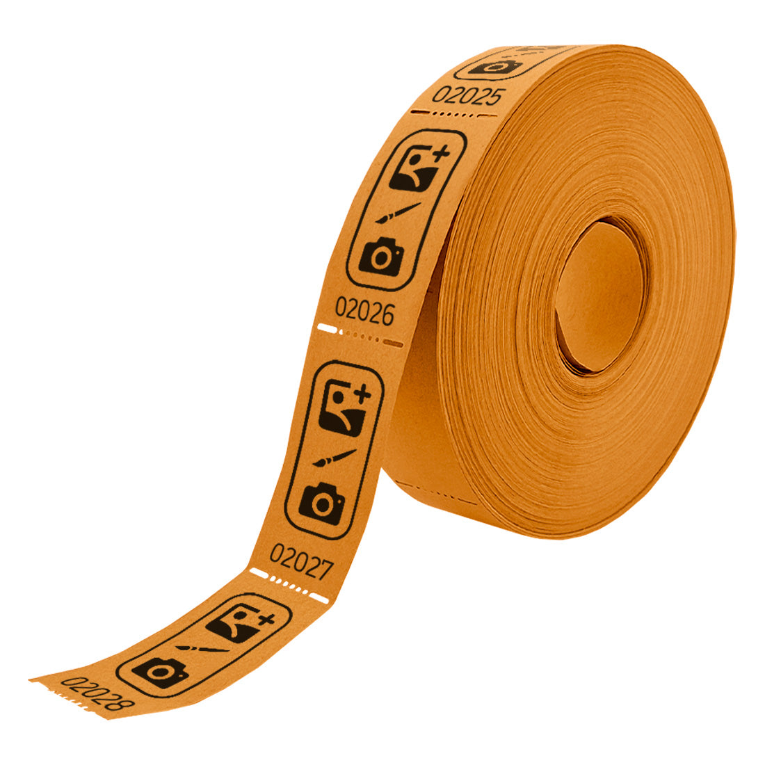 Roll of custom printed tickets, 57x30mm size, orange paper with black ink, side view.