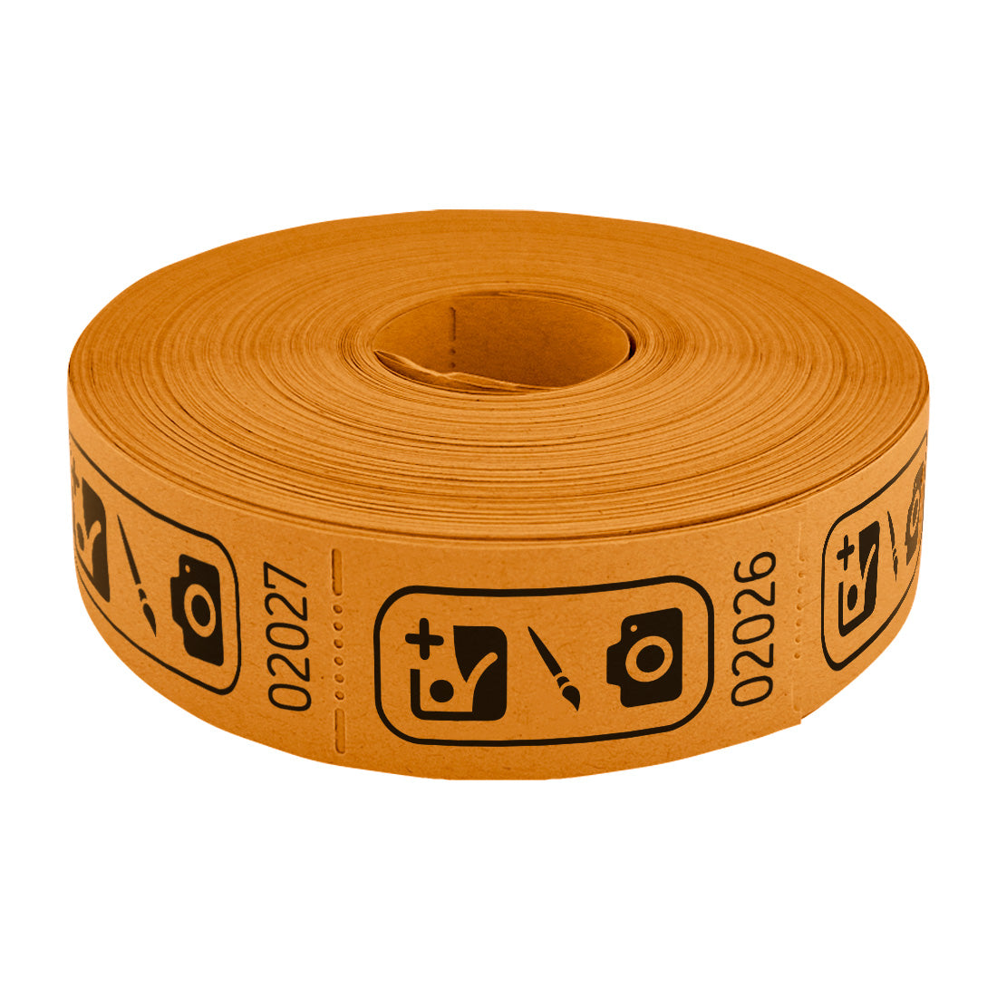 Roll of custom printed tickets, 57x30mm size, orange paper with black ink, flat view.