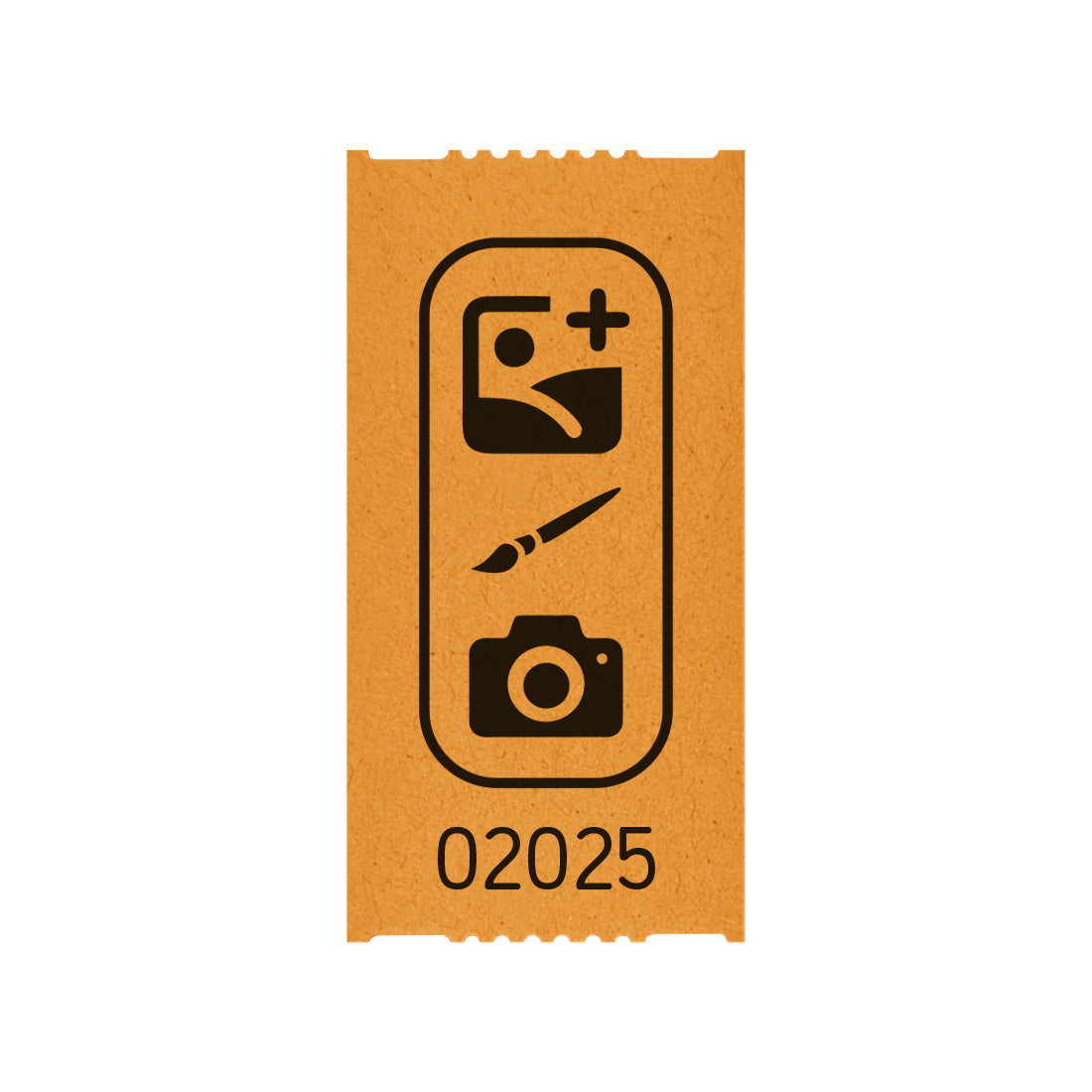 Tickets Rolls custom printed on orange paper with black ink, showing one individual 57x30mm ticket with a custom design and serial number printed in black