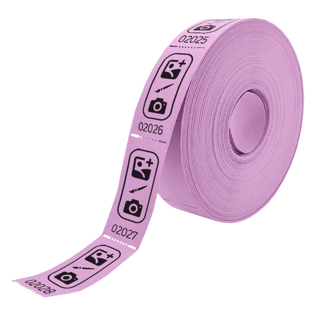 Roll of custom printed tickets, 57x30mm size, lilac paper with black ink, side view.