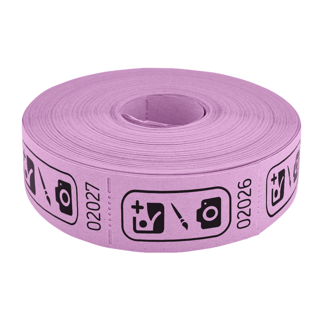 Roll of custom printed tickets, 57x30mm size, lilac paper with black ink, flat view.