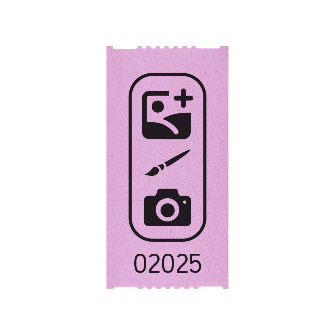 Tickets Rolls custom printed on lilac paper with black ink, showing one individual 57x30mm ticket with a custom design and serial number printed in black