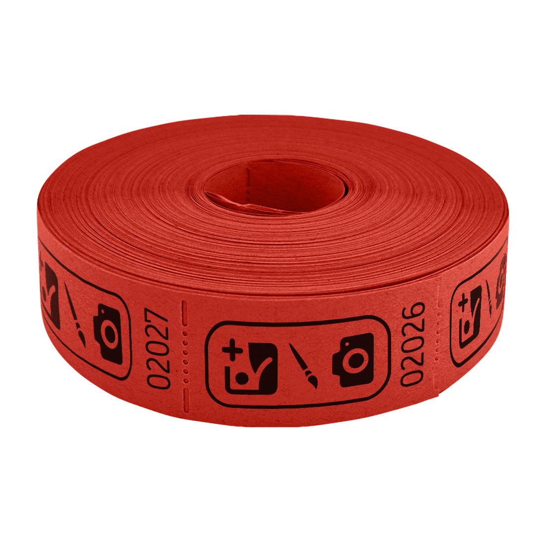 Roll of custom printed tickets, 57x30mm size, red paper with black ink, flat view.