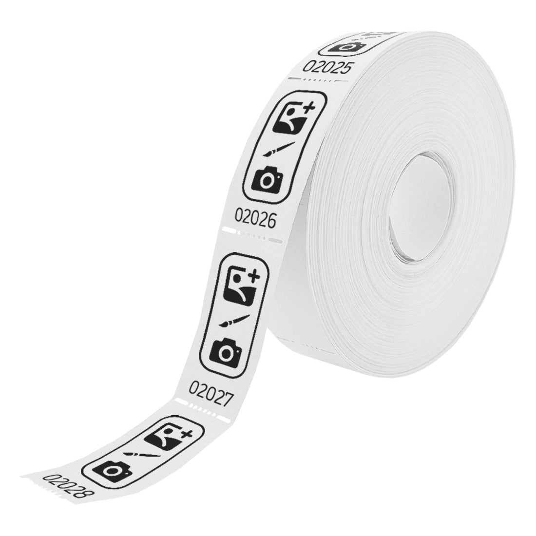 Roll of custom printed tickets, 57x30mm size, white paper with black ink, side view.