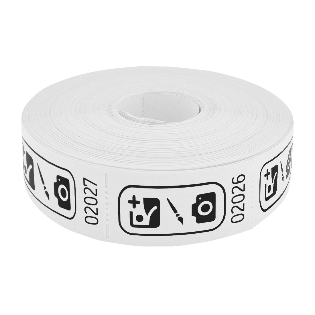 Roll of custom printed tickets, 57x30mm size, white paper with black ink, flat view.