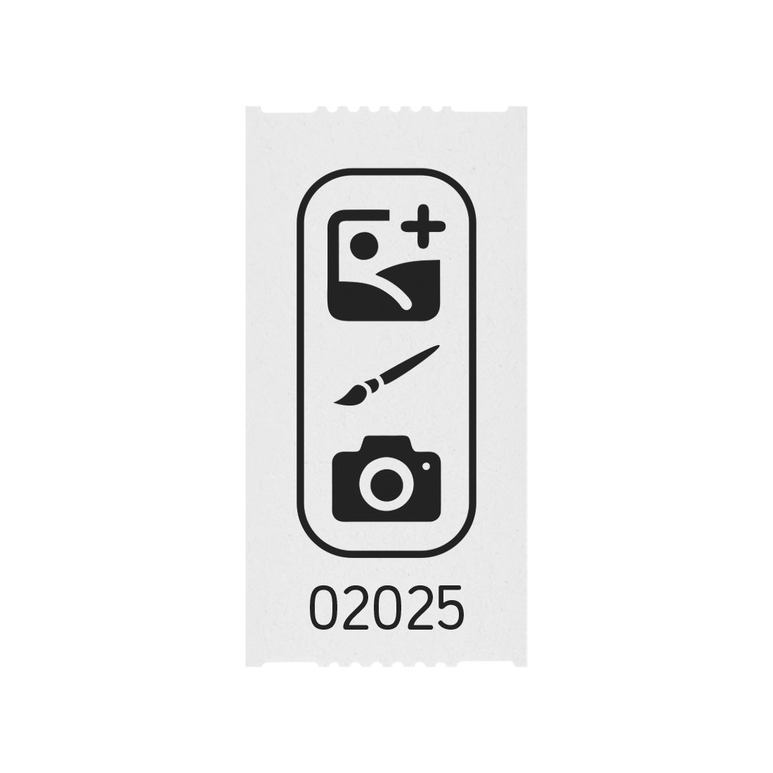 Tickets Rolls custom printed on white paper with black ink, showing one individual 57x30mm ticket with a custom design and serial number printed in black