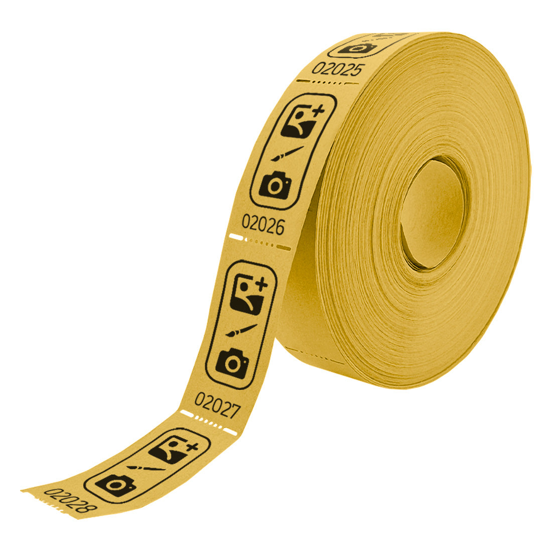Roll of custom printed tickets, 57x30mm size, yellow paper with black ink, side view.