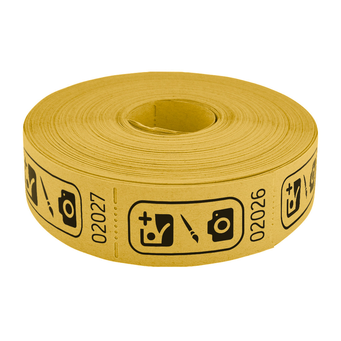 Roll of custom printed tickets, 57x30mm size, yellow paper with black ink, flat view.