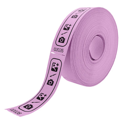 Roll of custom printed tickets, 114x30mm size, lilac/pink paper with black ink, side view.