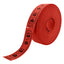 Roll of custom printed tickets, 114x30mm size, red paper with black ink, side view.