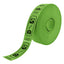 Roll of custom printed tickets, 80x30mm size, green paper with black ink, side view.
