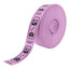 Roll of custom printed tickets, 80x30mm size, lilac paper with black ink, side view.