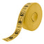 Roll of custom printed tickets, 80x30mm size, yellow paper with black ink, side view.