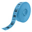 Roll of custom printed tickets, 85x30mm size, blue paper with black ink, side view.
