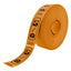 Roll of custom printed tickets, 85x30mm size, orange paper with black ink, side view.