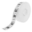 Roll of custom printed tickets, 85x30mm size, white paper with black ink, side view.