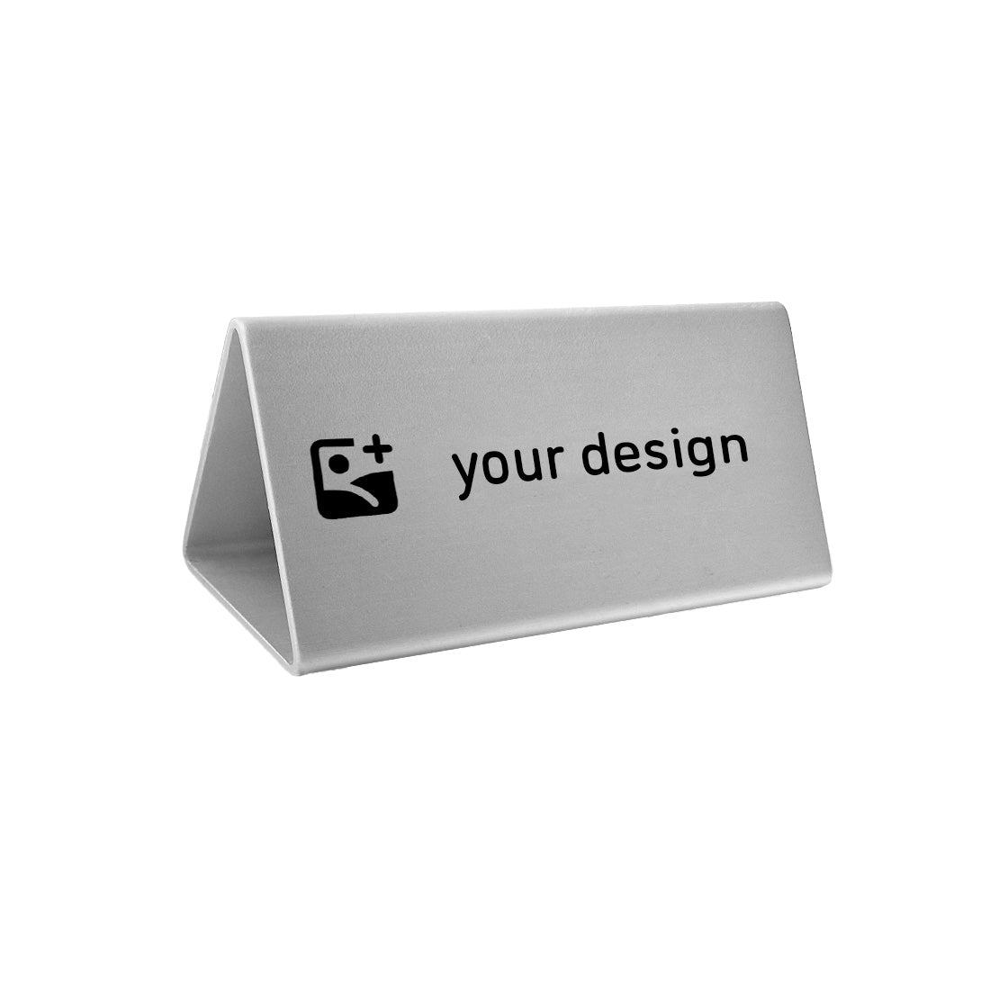 Silver Aluminium Table Sign With Black Custom Laser Engraving Triangle Design Frame Front View 100x55mm