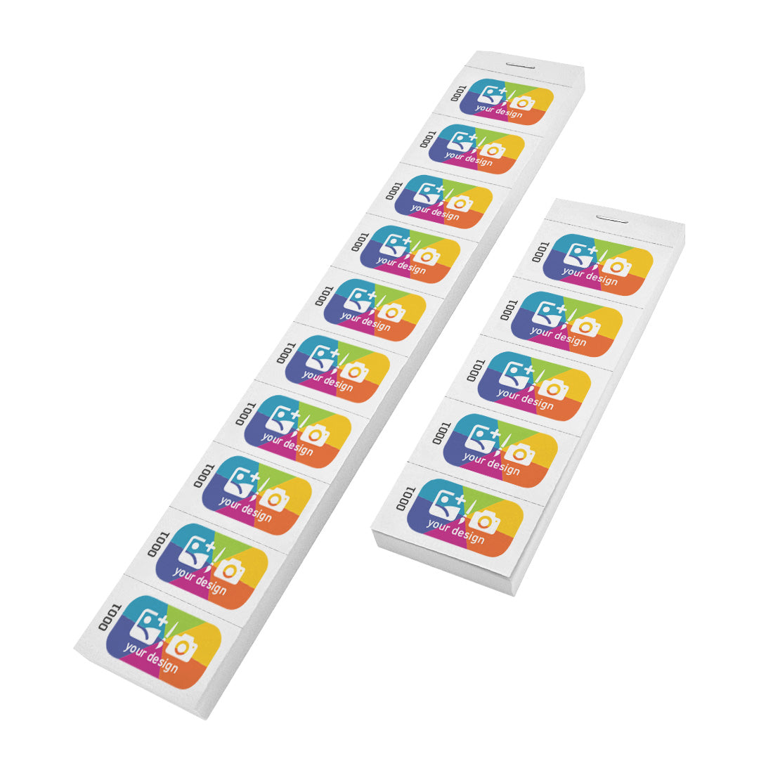 White Custom Full Colour Printed Tickets With Sequential Numbering On Perforated Paper Strips 5 and 10 Ticket Strips