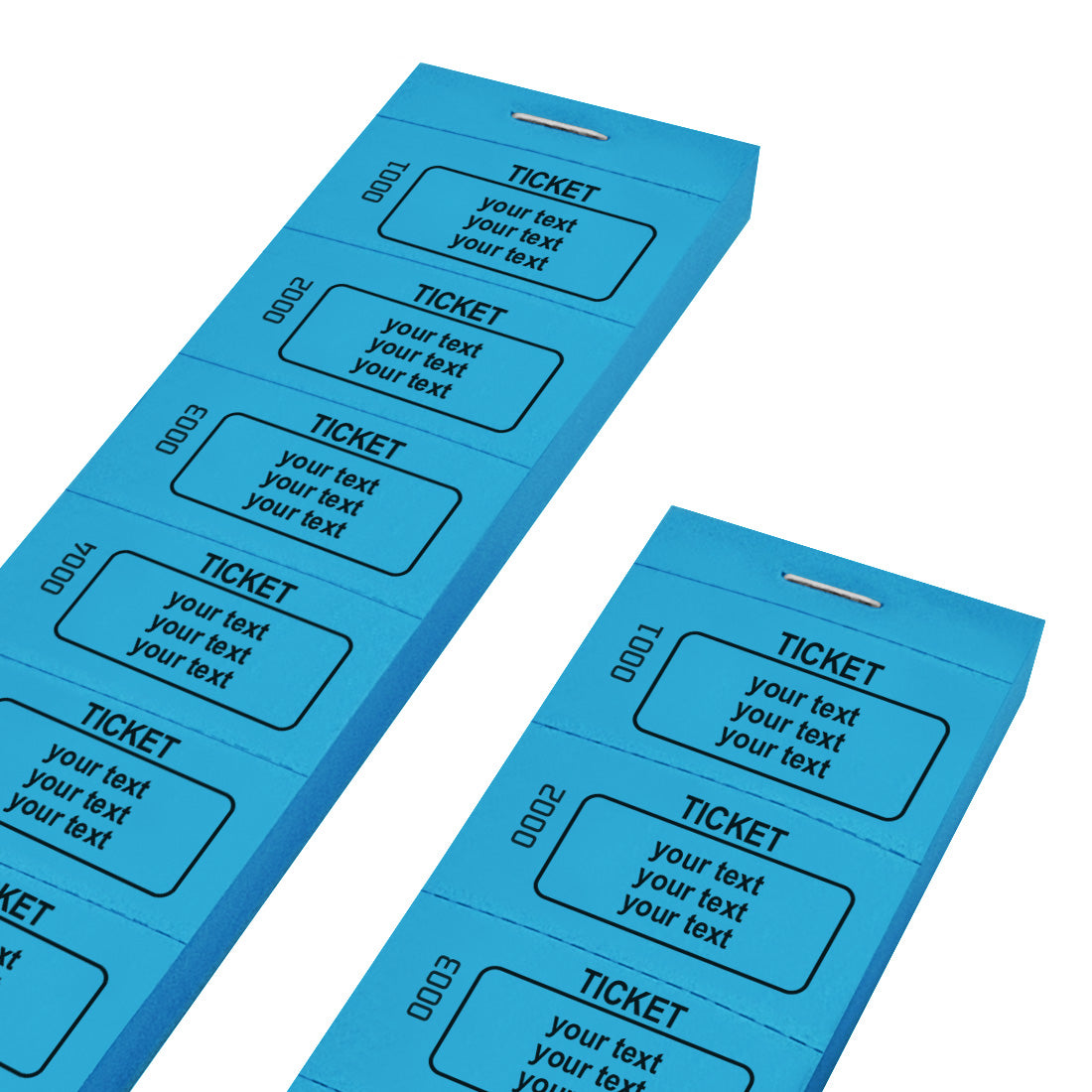 Custom Printed Ticket Strips With Three Lines Of Text Sequentially Numbered Blue 5 or 10 ticket strips