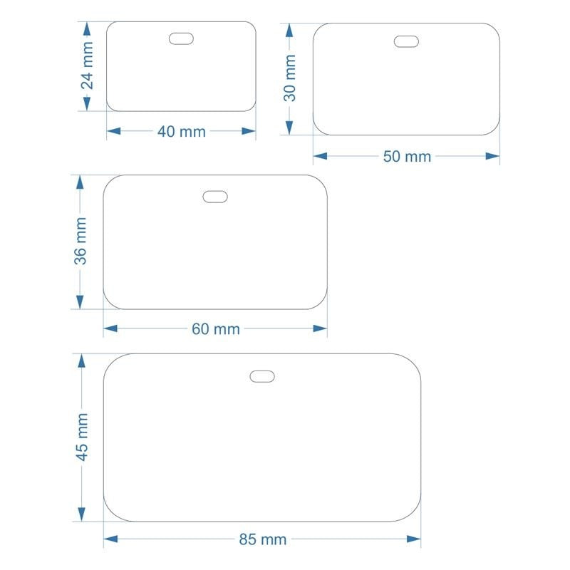 Dimension Card Rounded Rectangle Acrylic Labels With Slotted Hole At the Top