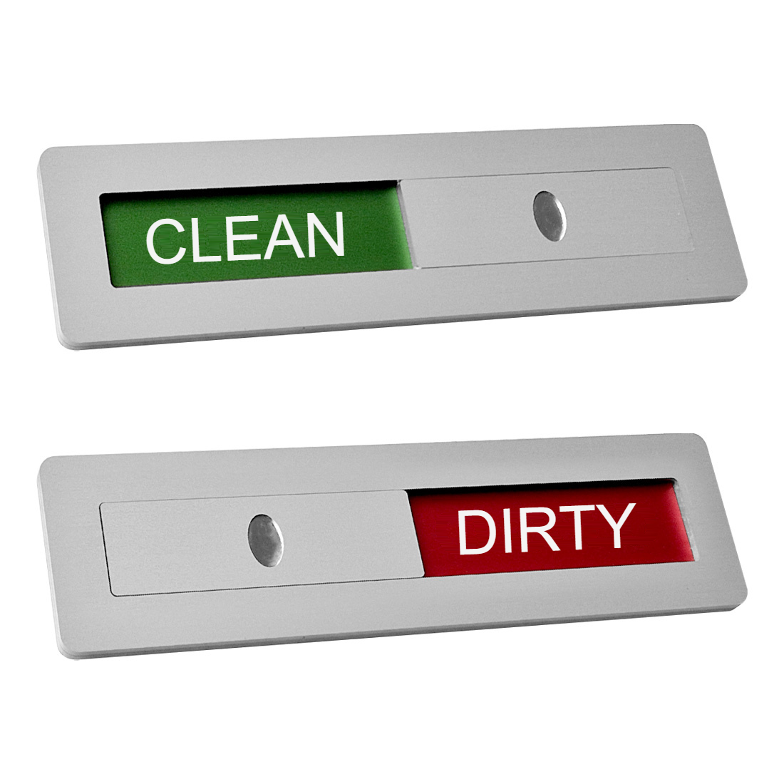 Silver aluminium sliding door sign showing CLEAN in green and DIRTY in red, 125x35mm