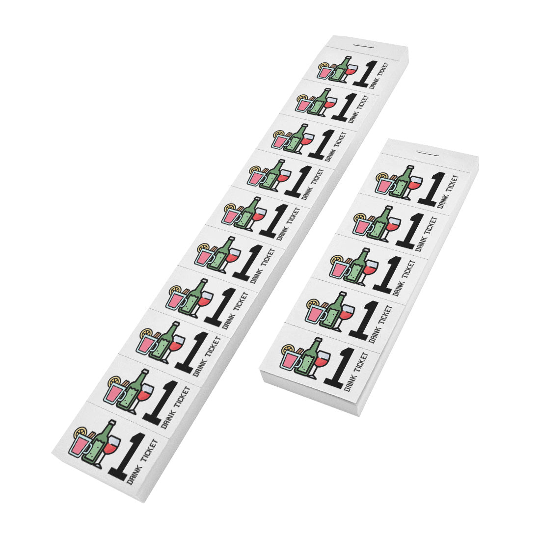 Drink Tickets Strips With Cocktail Glass, Beer Bottle and Wine Glass Icons And The Text '1 Drink Ticket' 5 or 10 Ticket Strips