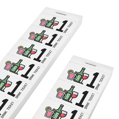 Drink Tickets Strips With Cocktail Glass, Beer Bottle and Wine Glass Icons And The Text '1 Drink Ticket' On White Paper Full Colour Print