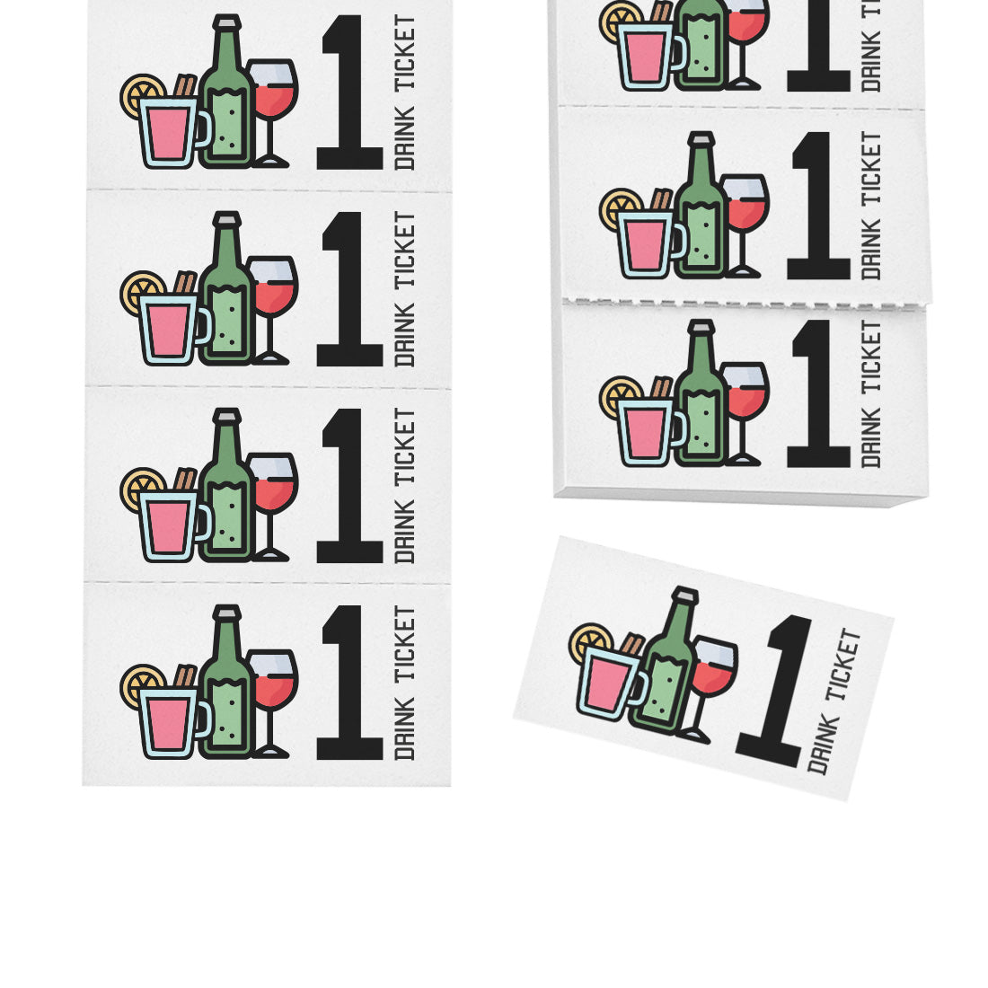 Drink Tickets Strips With Cocktail Glass, Beer Bottle and Wine Glass Icons And The Text '1 Drink Ticket' On Perforated White Paper Full Colour Print