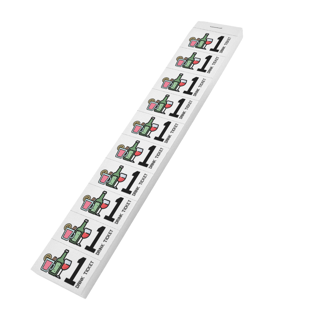 Drink Tickets Strips With Cocktail Glass, Beer Bottle and Wine Glass Icons And The Text '1 Drink Ticket' On White Paper Full Colour Print 10 Ticket Strip