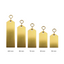 Set of five gold aluminium metal tags with varying sizes on a white background