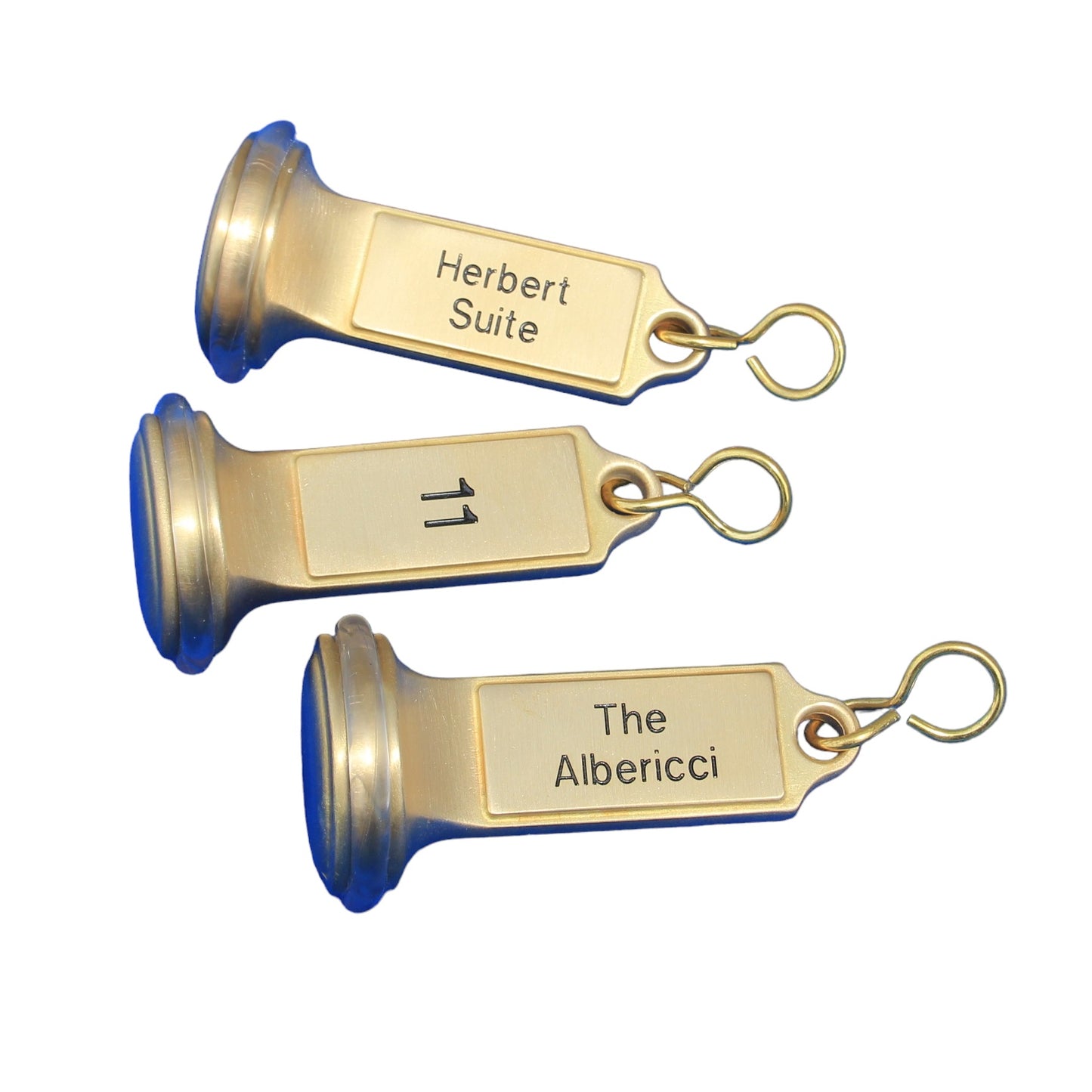 Heavy Gold Brass Hotel Key Tags With Custom Engraving and Rubber Ring