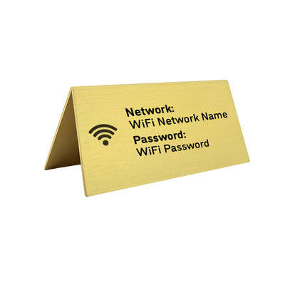 Gold Aluminium WiFi login sign with black text on a white background