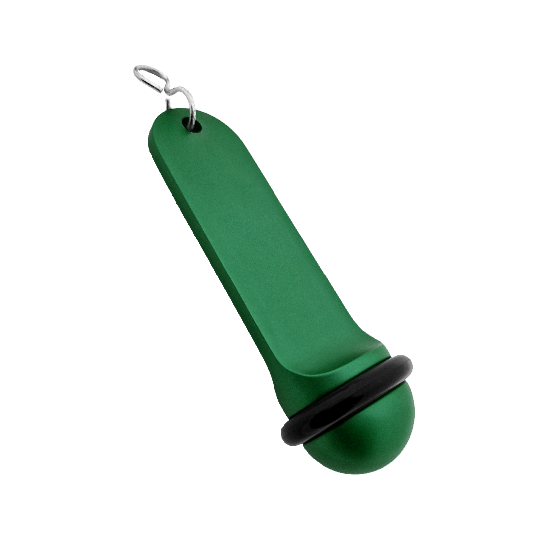 Side view of the large green aluminium hotel key tag (105x30mm) with a silver S-hook fastener and black rubber protection ring.