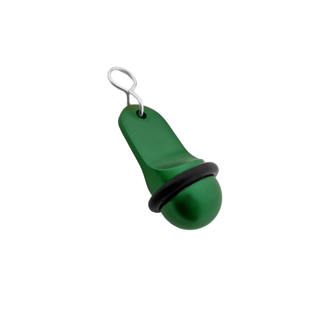 Side view of the small green aluminium hotel key tag (60x25mm) with a silver S-hook fastener and black rubber protection ring.