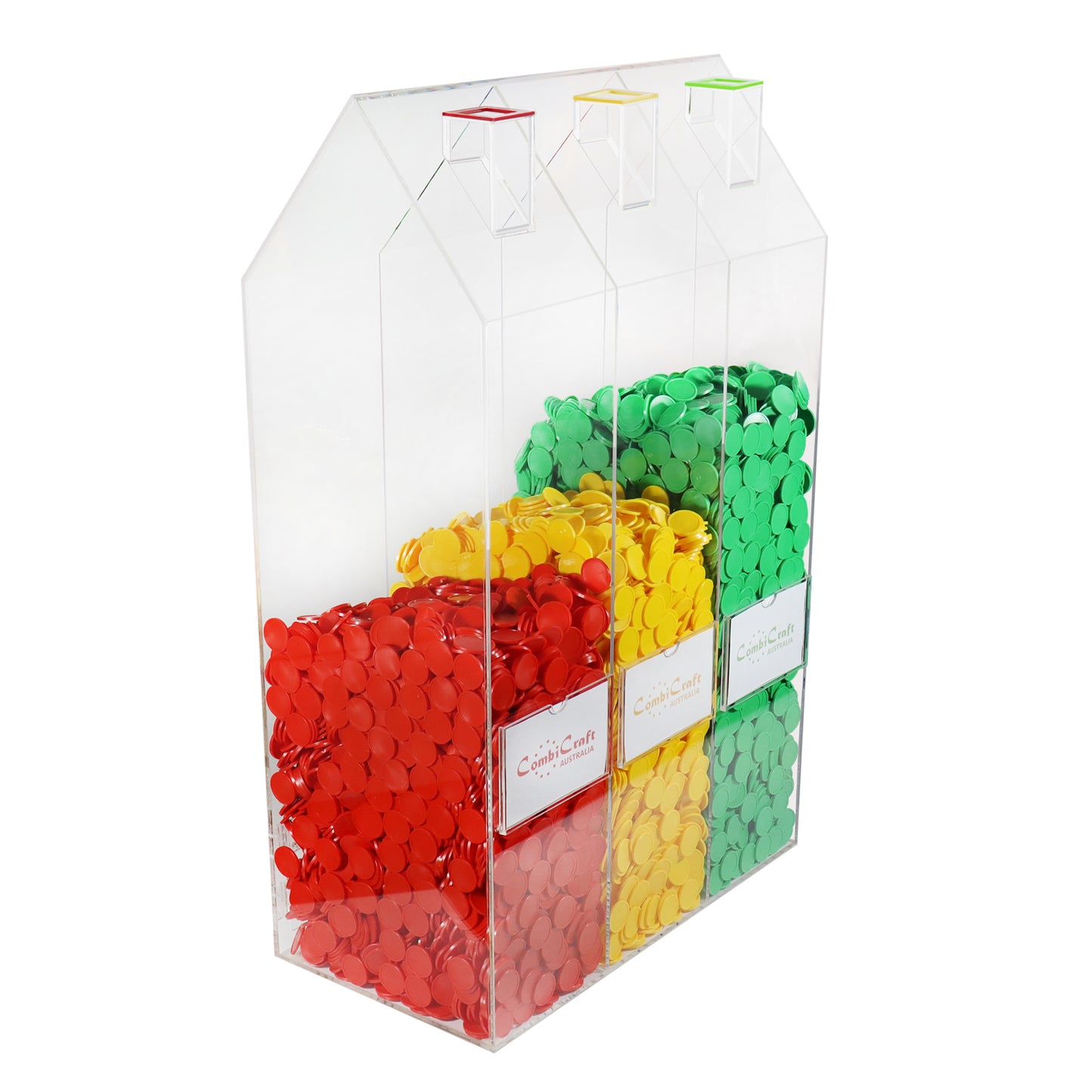 Large Three House Shaped Token Collector Filled with Red, Yellow and Green Tokens Side View