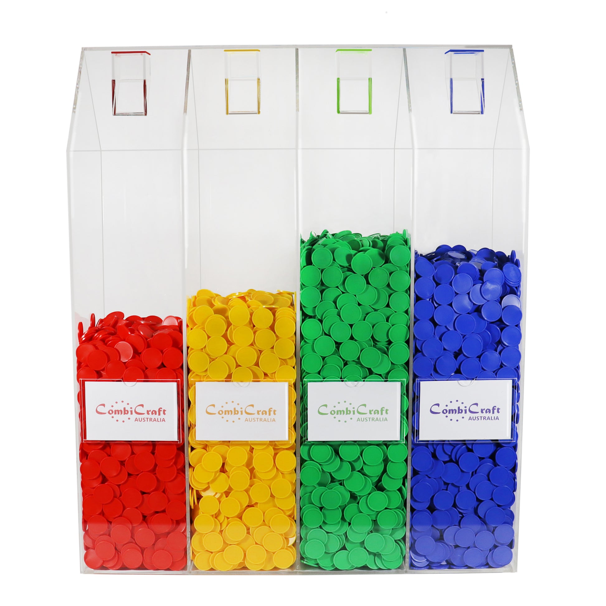 House Shaped Token Collector With Four Houses  Filled with Red, Yellow, Green and Blue Tokens