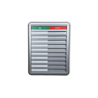 In/Out board with 10 name sliders. 'In' (green) and 'Out' (red) indicators are at the top. Name slots are listed below and are all place on the left side of the sign in this image.