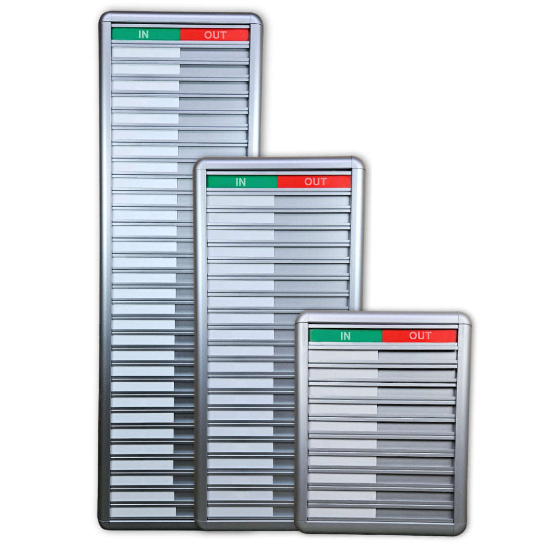 Image displaying the three available sizes of the sliding in/out office boards: 10-name, 20-name, and 30-name capacities. Each board features a durable aluminium frame and sliding name strips to indicate staff