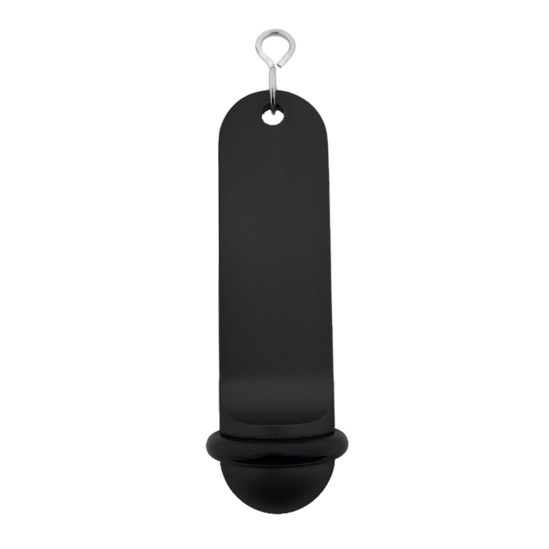 Front view of the large plain black retro hotel key tag (100x50mm) with a silver S-hook fastener and black rubber ring.